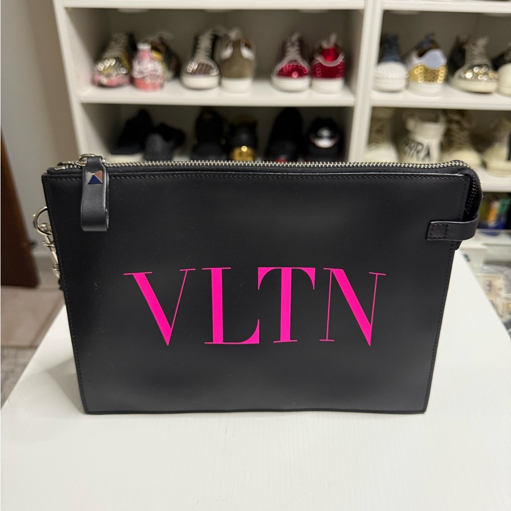 Valentino Garavani Black Clutch with Pink Logo